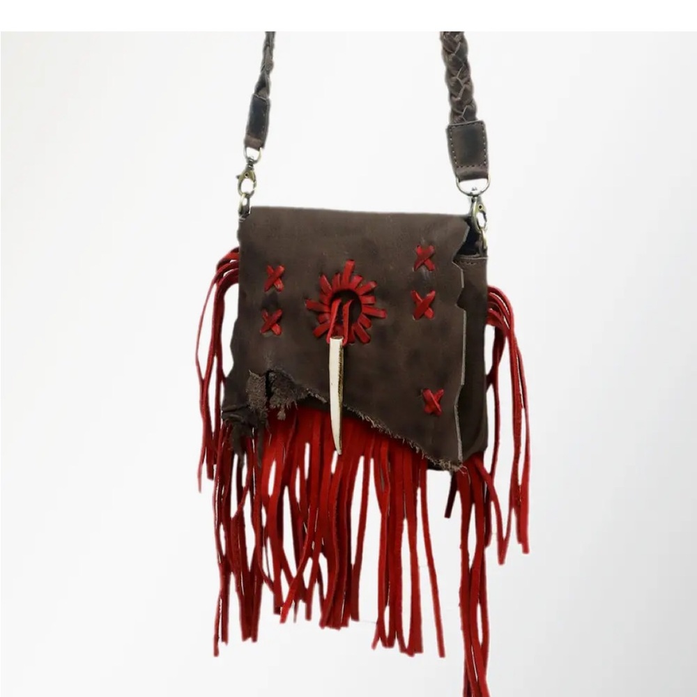 American Darling Brown and Red Fringe Crossbody Bag. 8x6x1.5